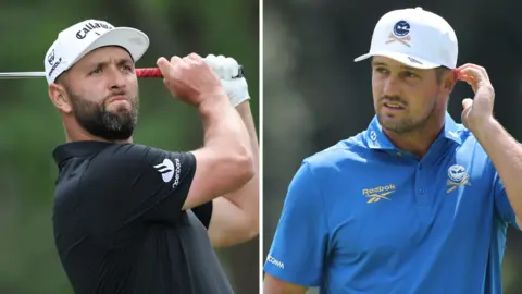 A split image of Jon Rahm and Bryson DeChambeau