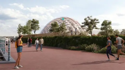 LDRS CGI of Eden dome and tree-lined causeway with people walking and jocgging.