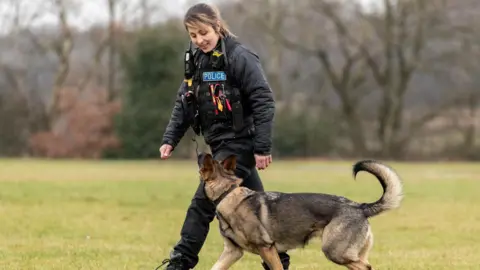 NFRSA A police officer stood next to a dog. The police officer and dog are looking at each other