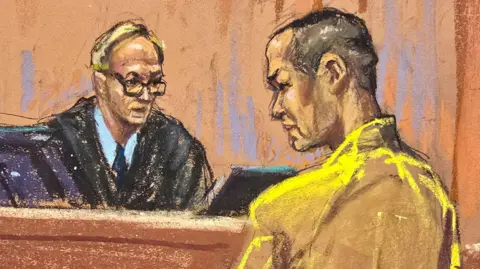 Reuters A court sketch of Do Kwon, a South Korean cryptocurrency executive charged with fraud, stands wearing a yellow prison jumpsuit to plead guilty in front of US District Judge Paul Engelmayer in New York City. 