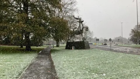 SAM DIXON-FRENCH/BBC The stag statue on the University of Surrey campus, on a plinth in front of a tree, is seen through falling snow, with some snow beginning to lay on the grass around it.