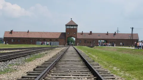 The Auschwitz concentration camp with railway line