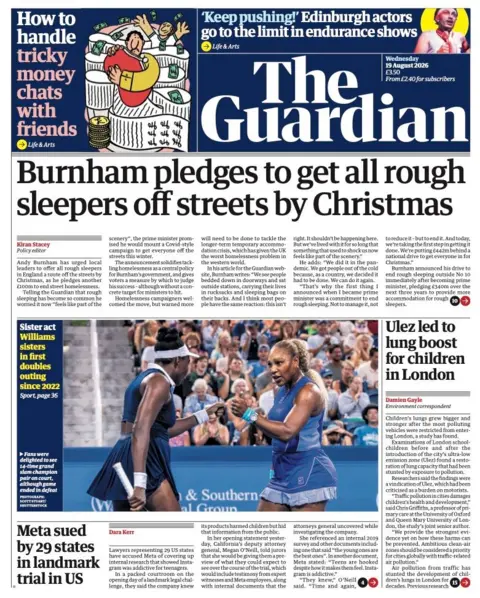 The headline on the front page of the Guardian reads: "Burnham pledges to get all rough sleepers off streets by Christmas."