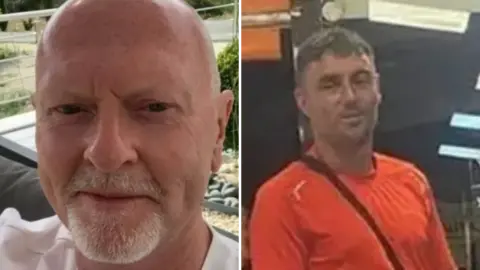 A composite picture of Ian Pascoe to the left and Wayne Taylor to the right. Ian Pascoe, a middle-aged man with a bald head and a white goatee, is wearing a white t-shirt. Wayne Taylor is a younger man with dark hair and is wearing an orange t-shirt.