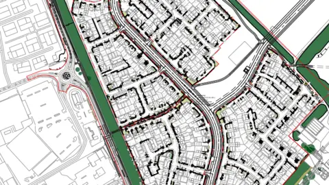 Pegasus Group/West Suffolk Council  An artist's impression of the 400 new homes in Newmarket. It shows a digital map of the proposed area with all the new homes drawn including the roads.