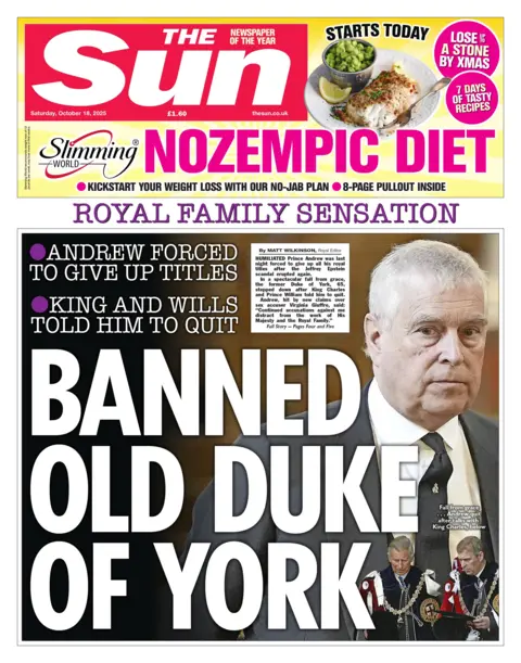 The headline on the front page of the Sun reads: "Banned old Duke of York". 
