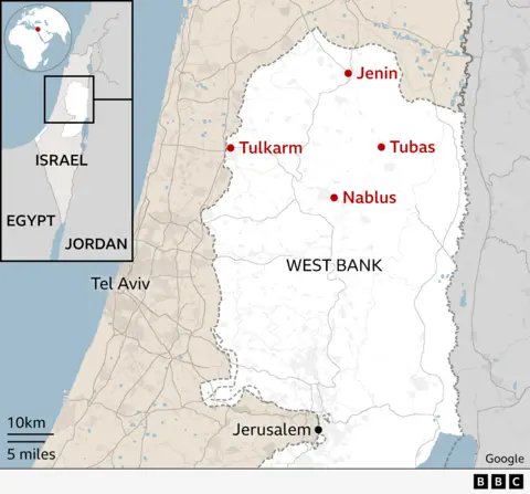 Ramani inayoonyesha maeneo ya Jenin, Tubas, Nablus na Tulkarm katika Ukingo wa Magharibi unaokaliwa.