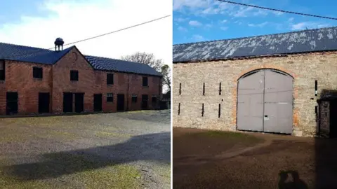 Pryce Planning Composite image of two farm buildings, one in red brick with windows and a black slate roof, the other with lighter stone walls and slit windows