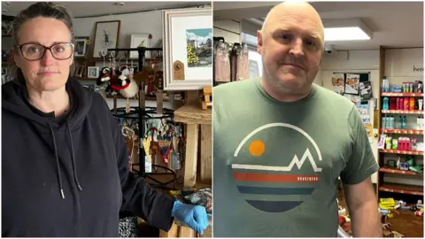 Two photos of Jenny Chuter and Simon Morre surveying the damage inside their stores. Jenny is on the left and has a black hoody on and black framed glasses. She has a blue plastic glove on and looks at the camera, behind her are gifts that she sells in her shop. On the right is Simon who is wearing a green t-shirt with a white, orange and blue picture pattern on it. He is bald and stands in the shop. Items can be seen on shelves but also on the floor.