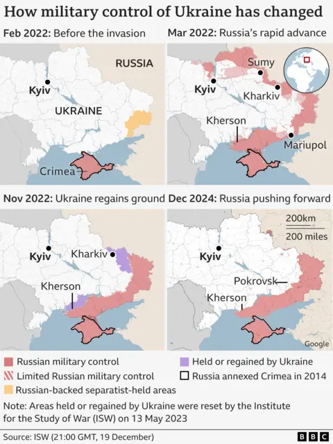 Four different maps showing how military control of Ukraine has changed. It shows Russia's massive advance in March 2022, and also areas held or regained by Ukraine later on.