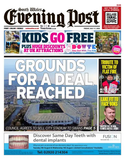 South Wales Evening Post Front page of the South Wales Evening Post with the main image of a football ground, alongside the headline "Grounds for a deal reached".