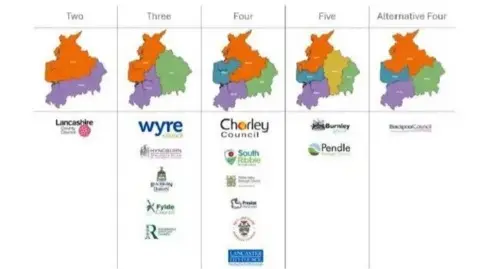 South Ribble Borough Council Image showing five maps with the five different proposals on how to divide up the county into councils