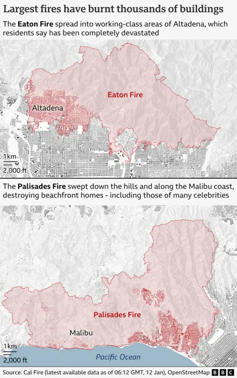 Mapa composto mostrando a extensão dos incêndios em Eaton e Palisades e edifícios danificados na área em vermelho. O incêndio em Eaton (acima) se espalhou pelas áreas da classe trabalhadora de Altadena, que os moradores disseram ter sido completamente devastadas. O incêndio em Palisades (abaixo) varreu as colinas e a costa de Malibu, destruindo casas à beira-mar, incluindo as casas de muitas celebridades.