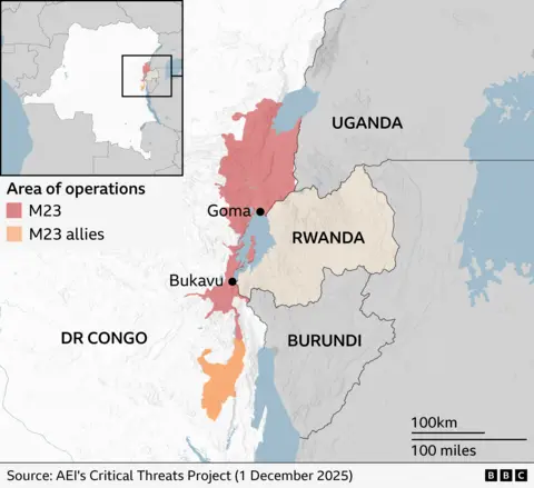 A map of DR Congo and Rwanda, showing the area where the M23 and its allies operate