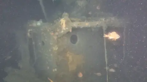 A ship wreck with a fish in front of it.