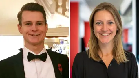 Redes sociales. Imagen dividida de Alexander Cromie y Marie Ebert. Cromie sonríe y lleva un esmoquin negro, mientras que Ebert sonríe y lleva una camiseta negra.