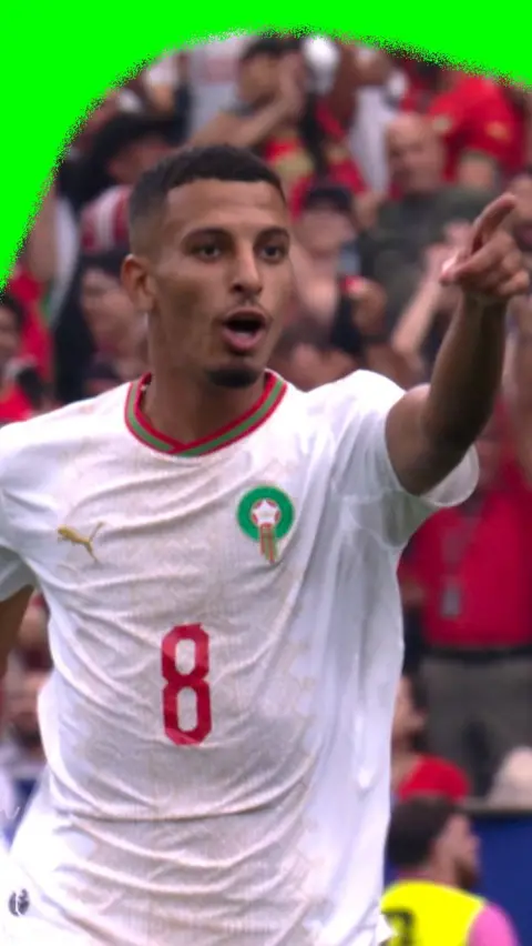 Azzedine Ounahi points to the crowd to celebrate scoring for Morocco in the 2026 World Cup