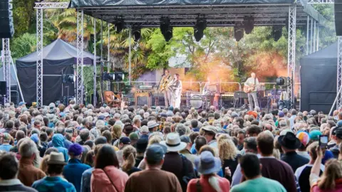 Gary Adams View from the back of the crowd watching PJ Harvey and her band playing on an outdoor stage