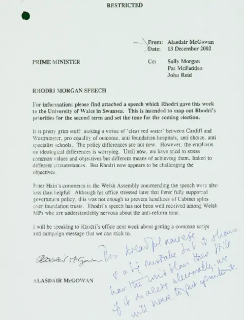 Crown copyright A memo in 2002 to then prime minister Tony Blair calls a speech by then Welsh first minister Rhodri Morgan "pretty grim stuff". Handwritten notes at the bottom by Blair call the speech "dreadful nonsense"