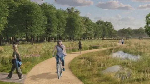 A drawing of a footpath, surrounded by grass and water with trees in the background and a number of people and a cyclist on the path