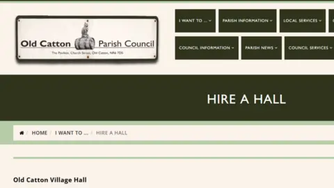 A desktop browser screenshot of the Old Catton Parish Council website showing a “Hire a Hall” page. The page includes a council header and navigation menus, contact details, and text describing Old Catton Village Hall availability and booking information.