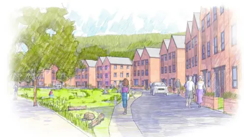 Architect's drawings of a housing development proposed for the site of the former Ironbridge power station