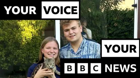 Ollie and Grace holding a cat with the words Your Voice Your BBC News