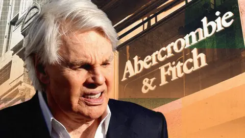 A composite graphic featuring a headshot image of Mike Jeffries, an elderly man with white hair wearing a dark suit and a white shirt, against a background of an Abercrombie & Fitch storefront in warm tones of orange.