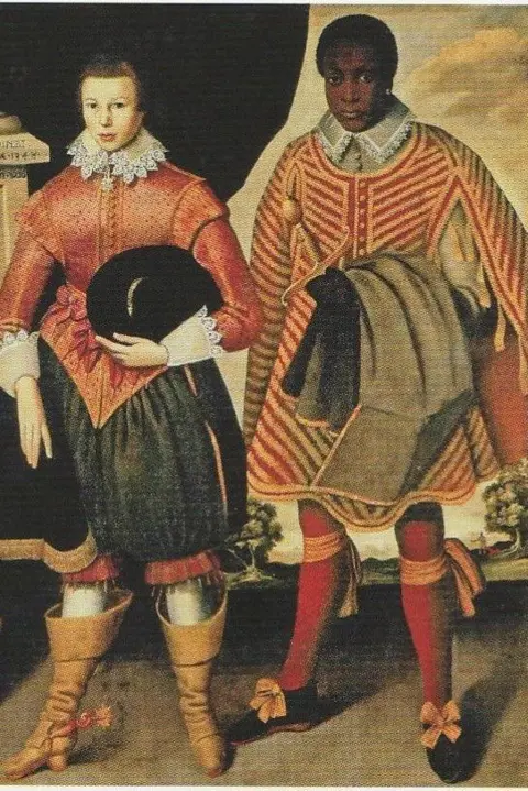 Penshurst Place A 1626 painting of two teenage boys, one is white and the other black. The white boy is slightly shorter, and both are standing in similar positions. They are similarly dressed in formal dress appropriate to the period. 