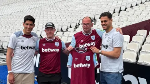 Richard Abrahams Richard and Martin standing with a signed West Ham shirt presented by Edson Alvarez and Konstantinos Mavropanos pitchside at the London Stadium