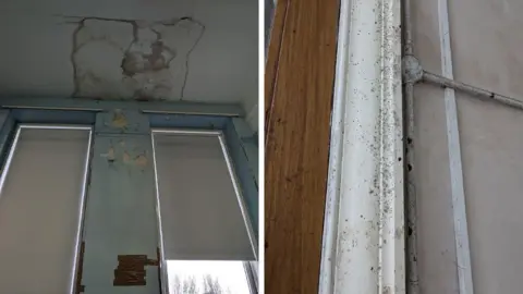 Milngavie Primary Parent Council Two photos side by side show the poor condition of the walls. In the first photo you see peeling paint on the walls and a damp spot on the ceiling. The second photo shows moisture on a door frame. 