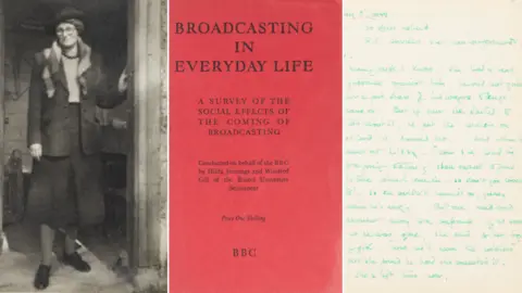 Bodleian Library A black and white photo of Winifred, left, next to a scan of the front cover of her book, centre, and a page of her notes on the right