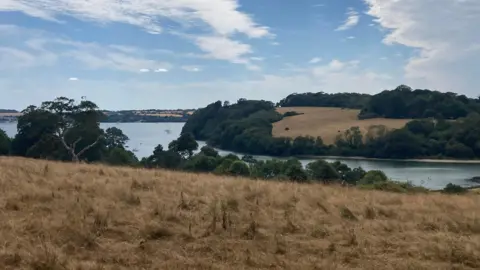 Dry, sun-scorched grassland slopes down towards a broad river estuary bordered by trees and rolling fields. A few small boats are visible on the water in the distance. Above, a vivid blue sky is filled with dramatic streaks and swathes of white cloud, contrasting with the dry, golden-brown landscape below.