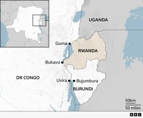 A map of eastern DR Congo, showing Goma, Bukavu, Uvira and Bujumbura, as well as Rwanda, Burundi and Uganda