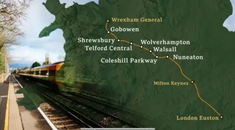 A green map overlaid over a picture of a railway platform with a yellow route running from top left to bottom right and the names of a number of towns along it