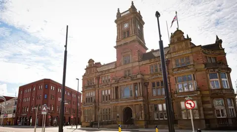 External view of Blackpool Town Hall in Talbot Square, Blackpool