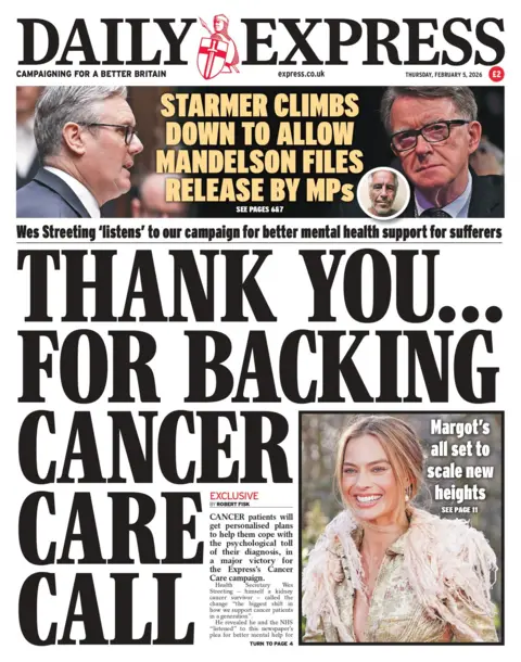 "Thank you... for backing cancer care call," reads the headline on the front page of the Daily Express.