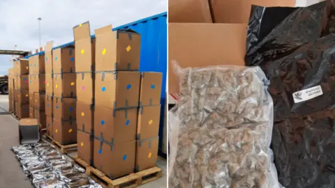 Two photos side by side. On the left is cardboard boxes containing bags of cannabis outside shipping containers . On the right is one of the bags of cannabis.