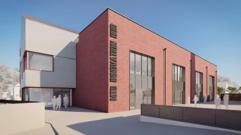 An artist's impression of the mountain bike hub with a big brick building under blue skies