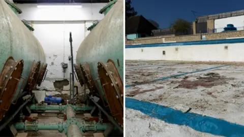 A composite image showing two pictures of the ageing lido. On the left is the pool tank - two large metal cylinders side by side - covered in corrosion and rust. On the right there is a picture of the drained pool, showing cracking and eroding paint and concrete on the bottom.