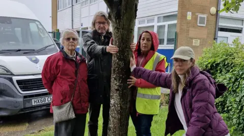 Four people holding a tree