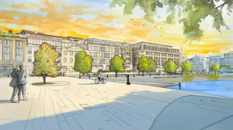 A picture of the plan for the strand. It is a sketched design . With many buildings, homes and waterfront seen in the picture. 