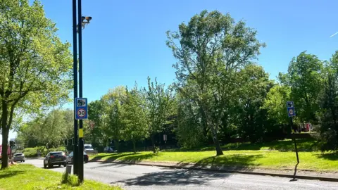 A photo of New John Street with grass and trees on the verges eithe side. There are some cars on the road and there is a speed camera with a sign saying 30mph.