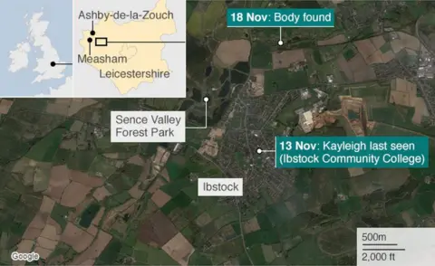 Google A map of Ibstock and surrounding area showing where Kayleigh was last seen on 13 November and where her body was found five days later.