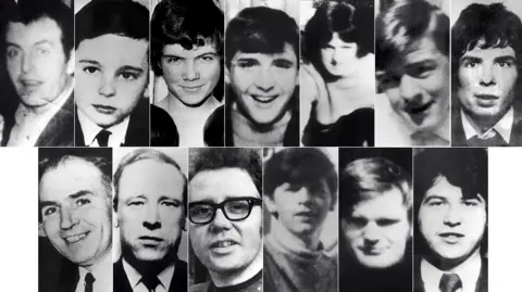 A collage of black and white photographs of the 13 people killed on Bloody Sunday. The victims, top row (l to r): Patrick Doherty, Gerald Donaghey, John Duddy, Hugh Gilmour, Michael Kelly, Michael McDaid and Kevin McElhinney. Bottom row : Bernard McGuigan, Gerard McKinney, William McKinney, William Nash, James Wray and John Young