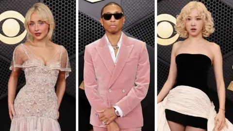 A composite image of Sabrina Carpenter, Pharrell Williams and K-Pop idol Rosé at the Grammy Awards on 1 February 2026