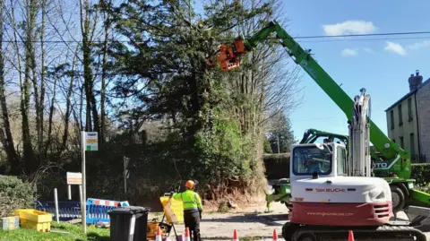 A large mechanical grabber is put to use to tackle the tree. A person is elevated by the machine to reach the tree. A workman stands on the ground watching in a coned off area by the tree and a bus stop sign. A house can be seen behind the grabber. The sun is shining.
