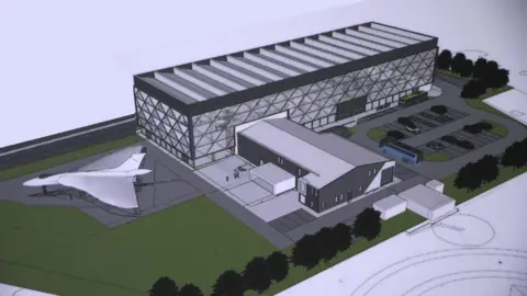 Avro Heritage Museum Computer generated image showing a large aircraft hanger and museum with parking