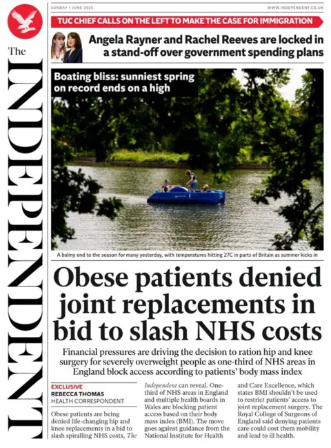 The Independent front page shows a group of children playing on a lake. The headline reads: Obese patients denied joint replacements in bid to slash NHS costs.