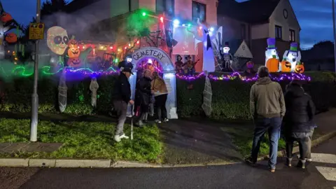 Halloween house Letchworth  People queuing to see a Halloween house in Letchworth